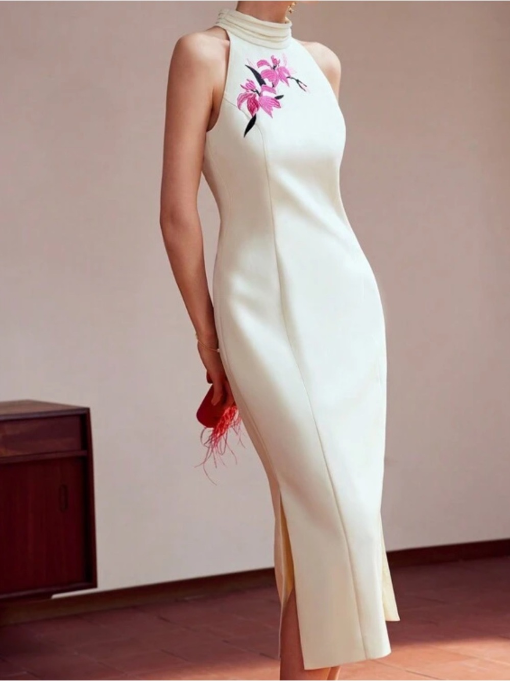Ivory Halter Sheath Dress with Pink Floral Embroidery